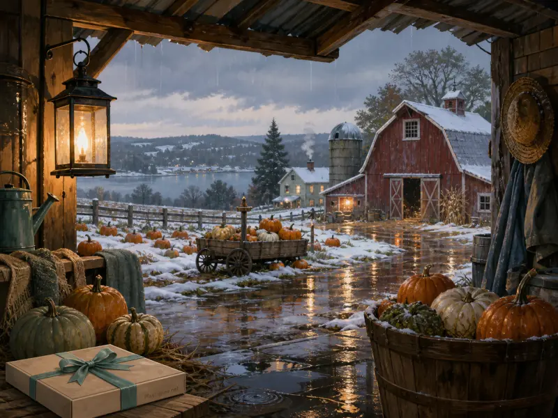 Snowy farmyard with scattered pumpkins viewed from a rustic barn porch beside a glowing lantern and red barn.