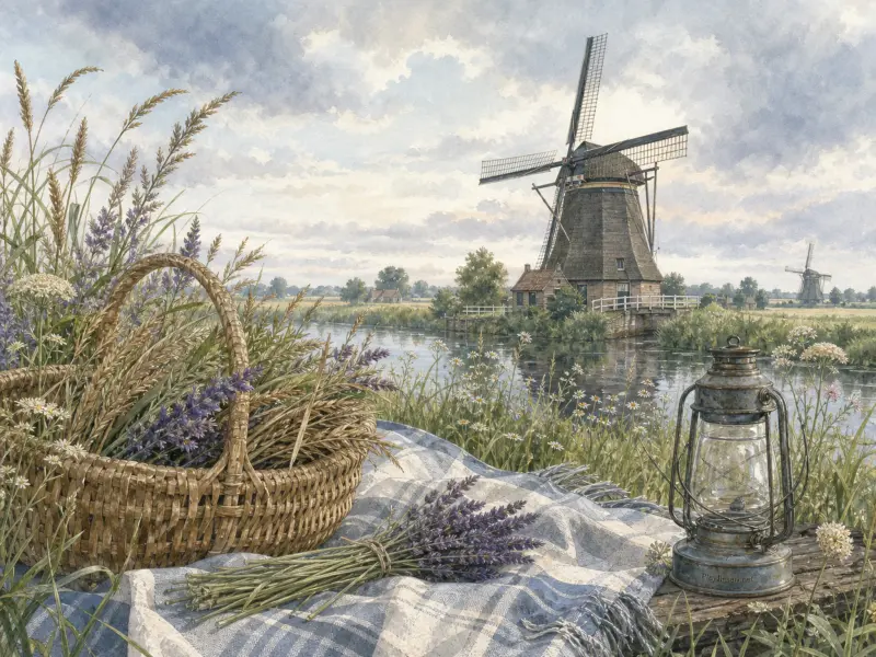 A picnic blanket with lavender, a woven basket, and an old lantern beside a river with a Dutch windmill.
