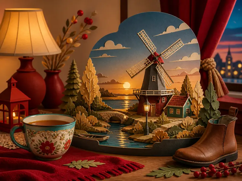 Paper craft diorama of a sunset windmill scene displayed on a wooden table beside a floral teacup and small leather boot.
