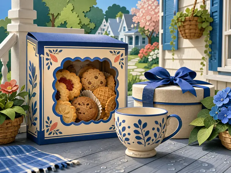 A bakery box of cookies, a blue-patterned teacup, and a ribboned gift set on a sunny front porch overlooking a garden.