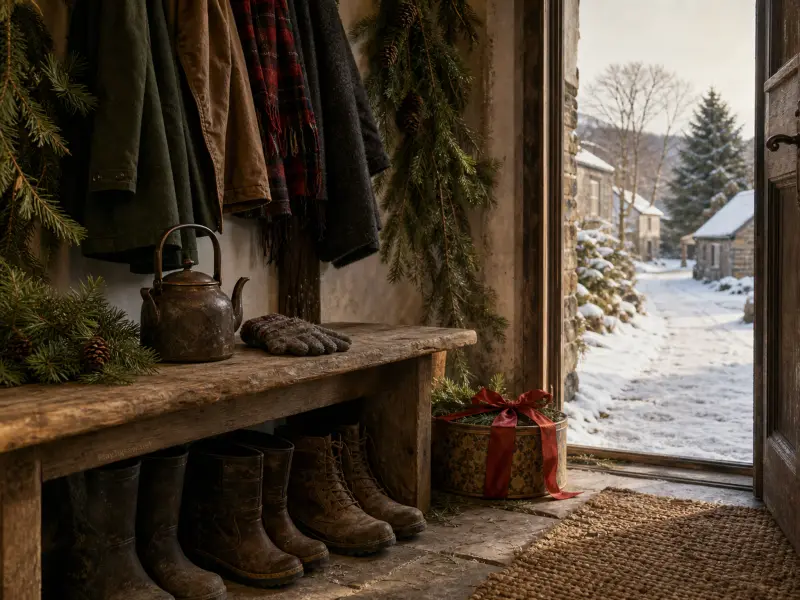 Open wooden door of a rustic entryway with boots, winter coats, and pine garland looking onto a snowy village.