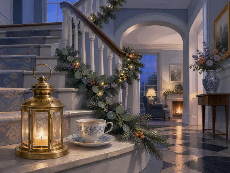A festive staircase decorated with illuminated pine garland, a brass lantern, and a teacup leading to a warm fireplace.