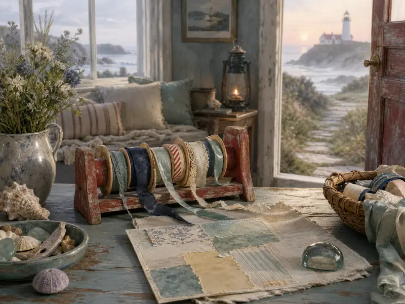 Spools of craft ribbon sit on a rustic table overlooking a coastal path and distant lighthouse at sunset.