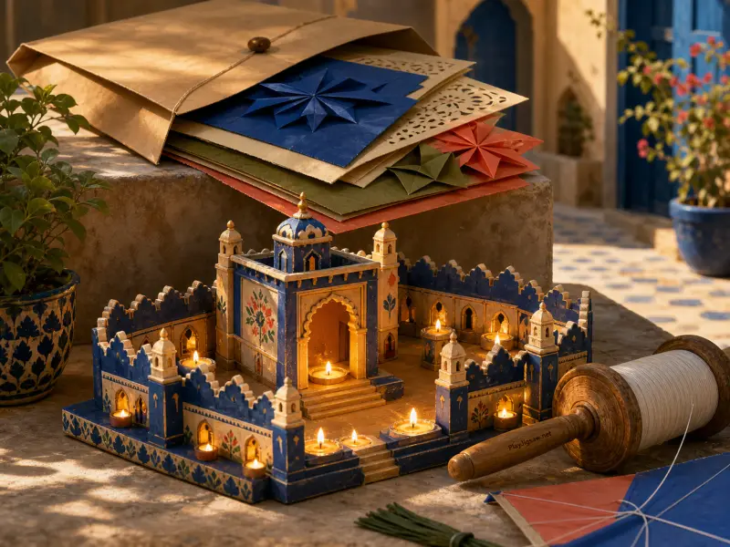 A miniature blue courtyard model illuminated by candlelight sits next to folded paper stars and a wooden kite reel.