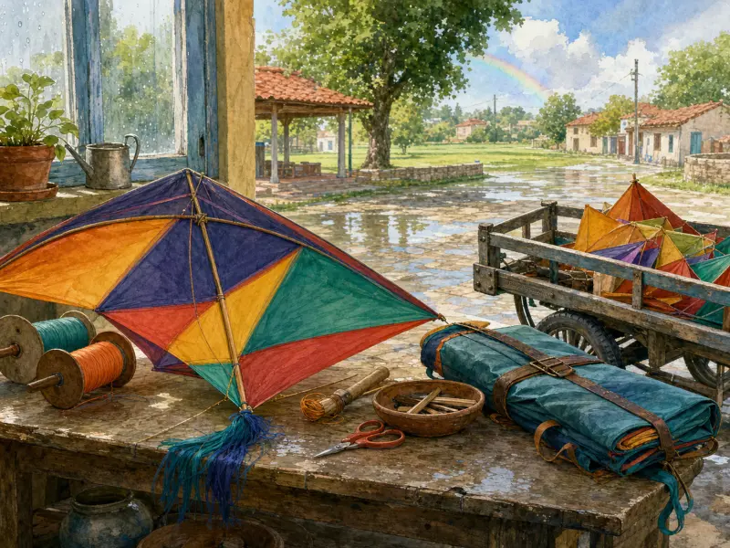 A colorful handmade kite and spools on a wooden table overlooking a rain-washed village square with a rainbow.