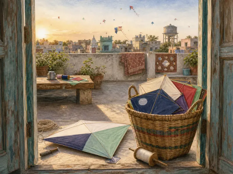 A sunlit rooftop terrace overlooking a city, featuring a basket of colorful kites and spools of thread.