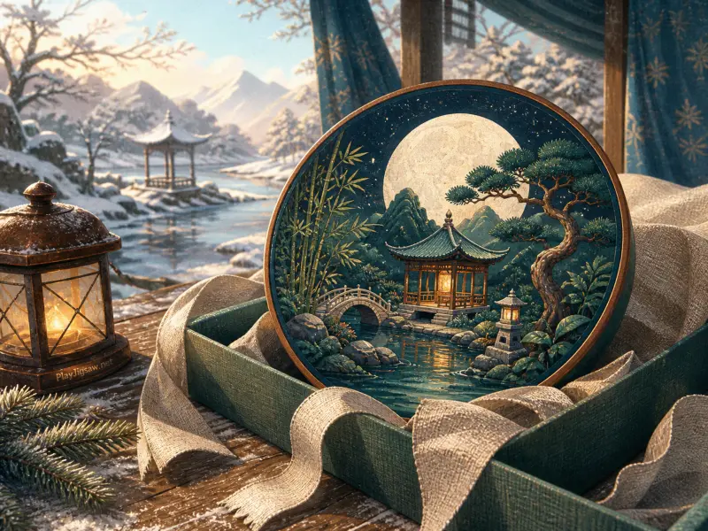 A decorative plate with a moonlit garden rests in a gift box on a wooden sill beside a glowing lantern in winter.