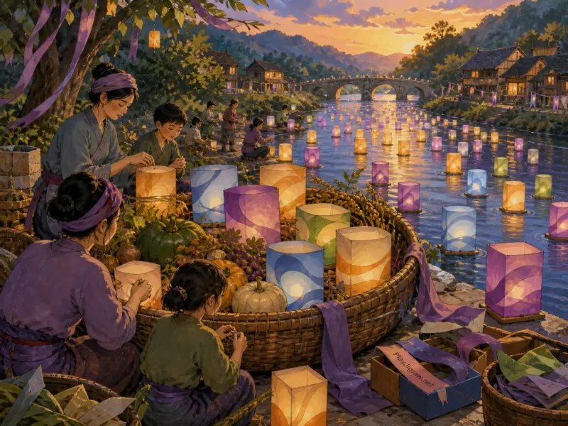 Villagers assemble glowing paper lanterns by a river carrying floating lights toward an arched stone bridge at sunset.