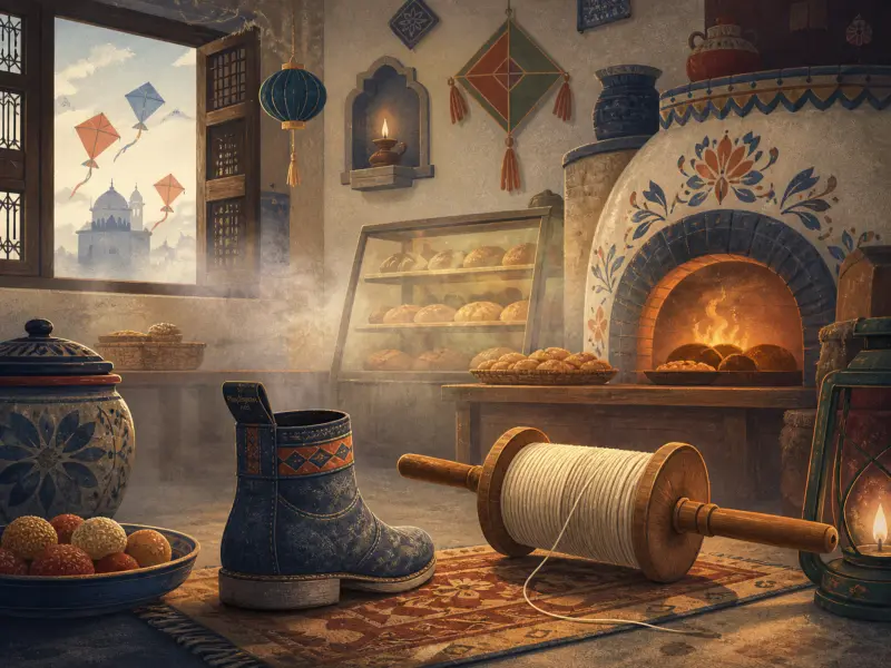 A warm bakery interior with bread in a clay oven, an ornate boot, a kite string spool, and kites outside the window.