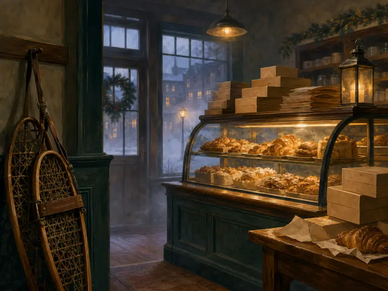 Warmly lit bakery filled with fresh pastries looking out on a snowy street with snowshoes resting by the entrance door.