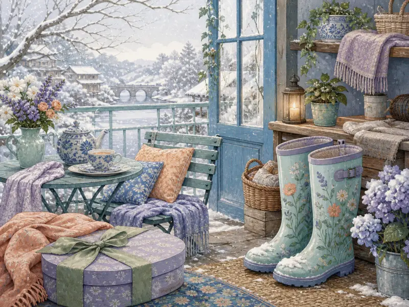 Floral rain boots, blankets, and a blue tea set on a porch looking out at falling snow and a river bridge.