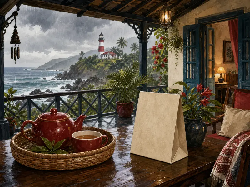 A rainy seaside porch with a red teapot on a wooden table overlooking a lighthouse and stormy waves.
