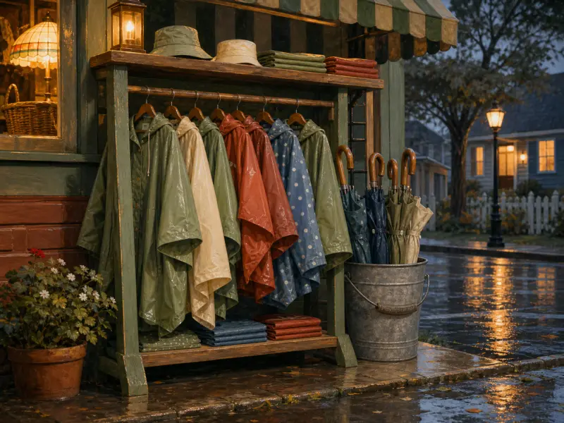 Colorful rain ponchos and umbrellas displayed on a wooden rack outside a shop on a rainy evening street.