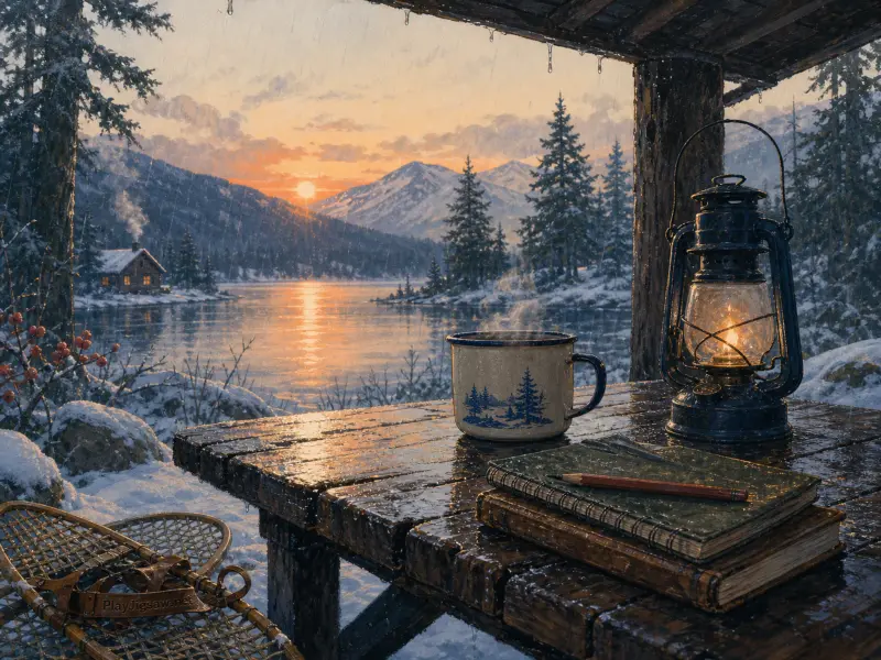 A glowing lantern and steaming mug sit on a wooden porch table overlooking a snowy mountain lake at sunrise.