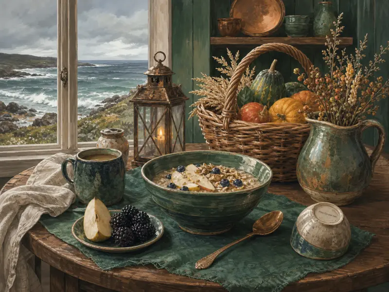 A cozy rustic breakfast table with oatmeal, fresh fruit, and squash beside a window overlooking stormy ocean waves.