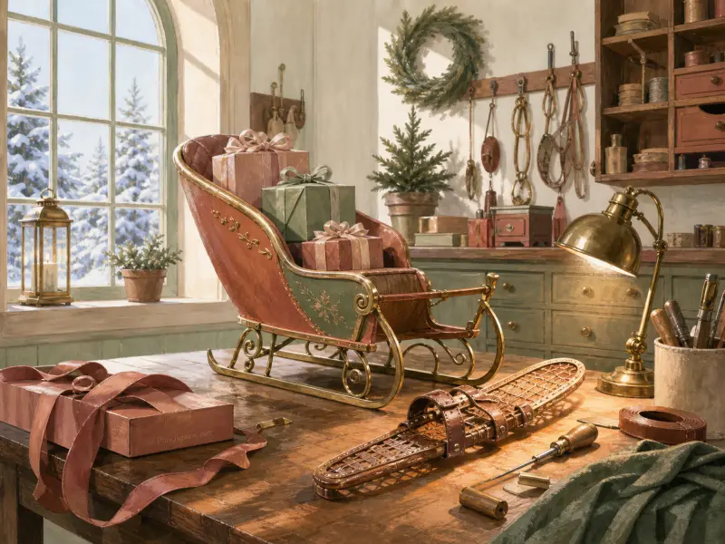 A decorative sleigh filled with wrapped gifts sits on a wooden workshop table beside snowshoes and a brass lamp.