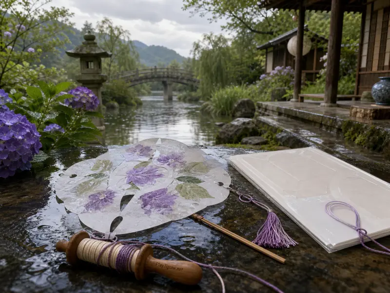 Handcrafted paper fan with pressed purple flowers rests on a wet stone table overlooking a rainy Japanese garden pond.