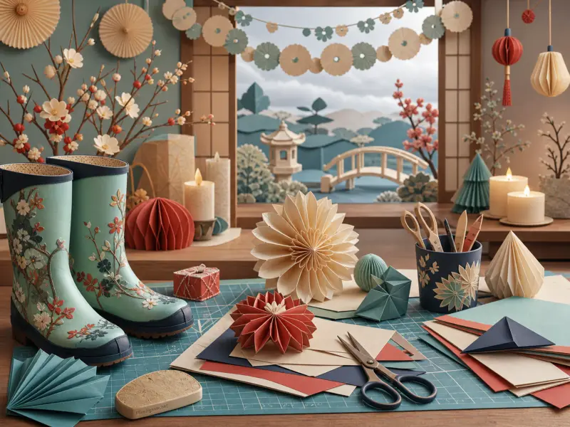 Paper craft supplies, folded rosettes, and floral teal boots arranged on a table before a miniature garden window.