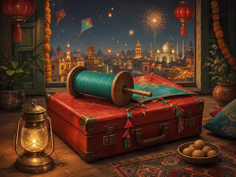 A red suitcase with kites and a thread spool on a wooden floor overlooking a festive illuminated city at night.