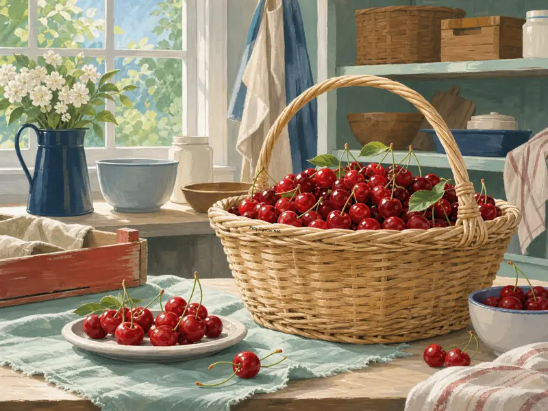 A woven basket full of ripe red cherries on a sunny kitchen table near a window with white flowers.