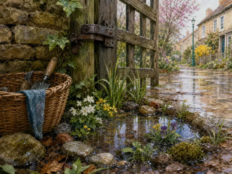 A wicker basket with garden tools and spring wildflowers beside a rain puddle near an open wooden gate on a village path.