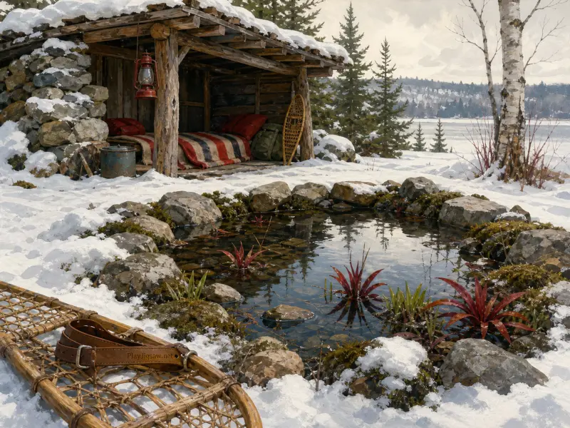 A rustic wooden shelter and snowshoes beside a clear, rock-lined pond in a snowy mountain landscape.