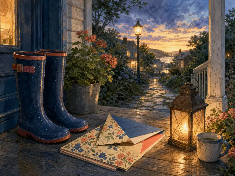 Blue rain boots, floral envelopes, and a glowing lantern rest on a wet wooden porch at sunset.