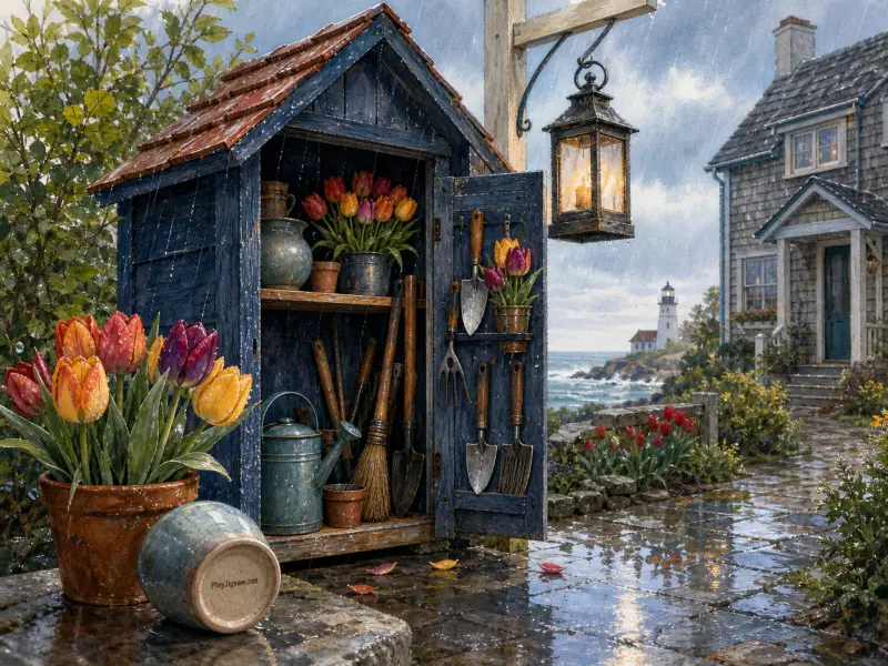 A blue garden shed with tulips and tools sits on a wet stone terrace overlooking a rainy sea and lighthouse.