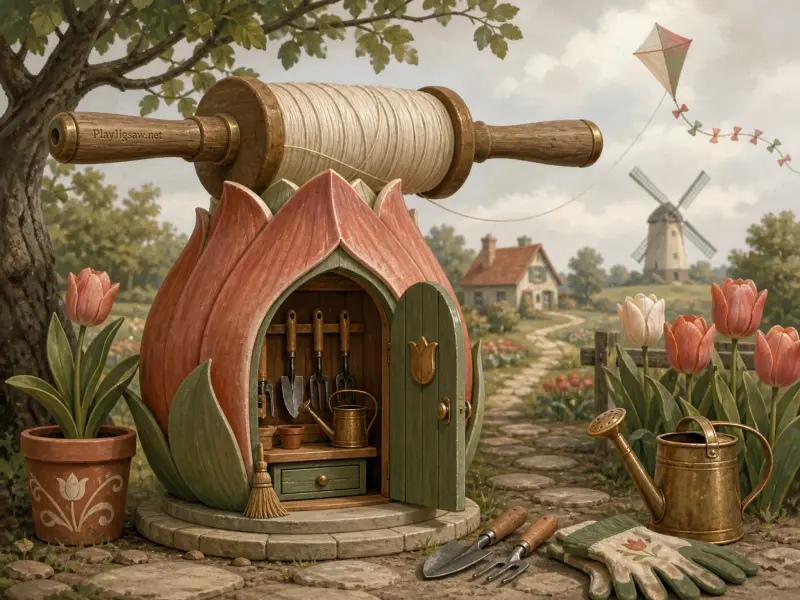 A miniature tulip-shaped shed holding gardening tools in a spring garden with a windmill and kite in the background.