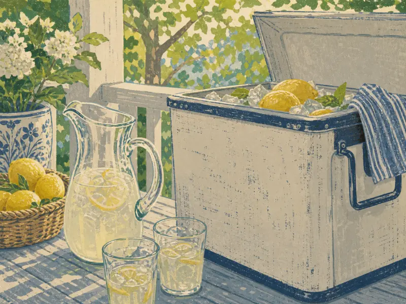 A vintage ice chest with lemons and ice next to a glass pitcher of lemonade and two glasses on a sunny porch table.