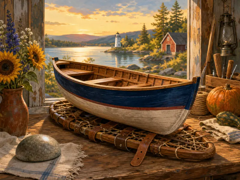 A model wooden rowboat on a rustic windowsill overlooking a tranquil bay, pine trees, and a distant white lighthouse.