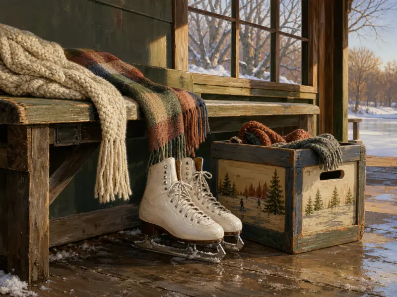 White ice skates resting on a wooden porch bench next to knitted scarves and a painted crate overlooking a snowy lake.