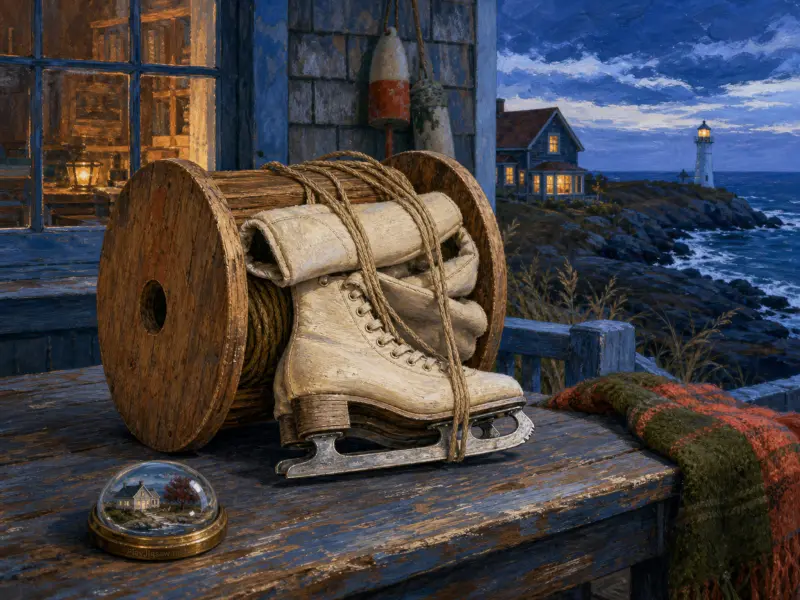 White ice skates resting against a wooden spool on a coastal porch overlooking a distant lighthouse at dusk.