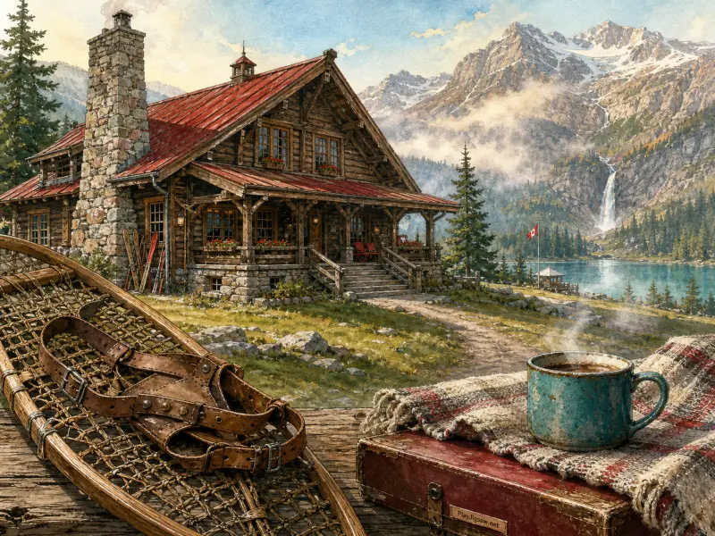 A mountain log cabin overlooking an alpine lake with snowshoes and a steaming mug in the foreground.
