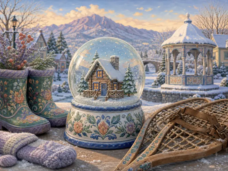 A decorative snow globe with a miniature cabin sits beside floral boots and wooden snowshoes before snowy mountains.