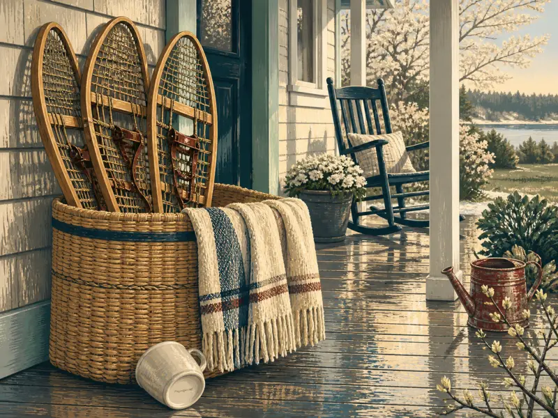 Traditional wooden snowshoes resting in a woven basket on a cabin porch overlooking a lake.