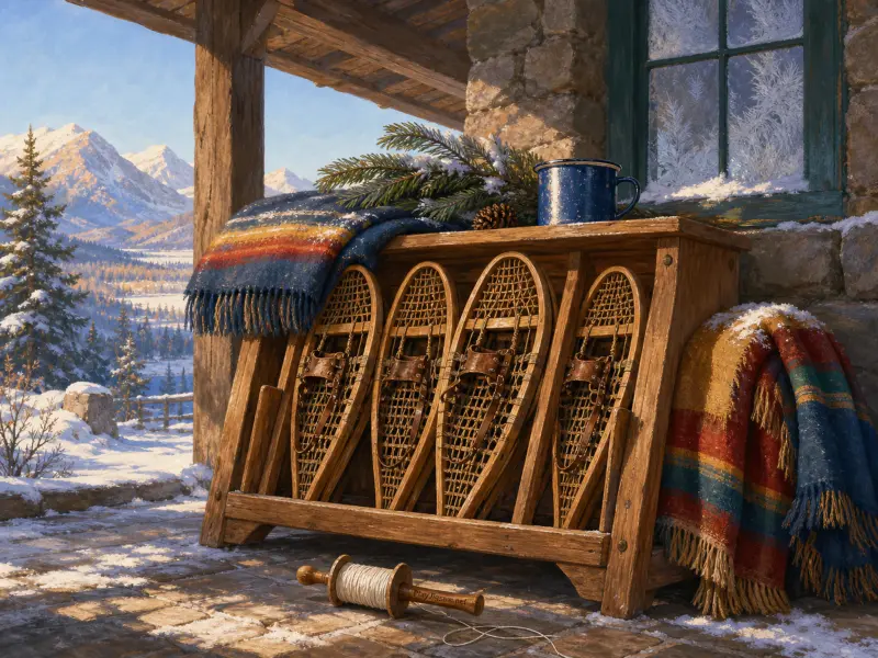 Traditional wooden snowshoes resting on a rustic cabin porch overlooking snowy mountain peaks.