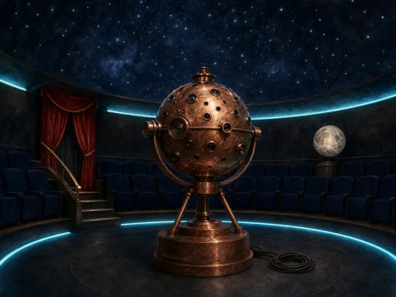 A vintage copper star projector stands inside a curved planetarium theater beneath a starry domed ceiling.