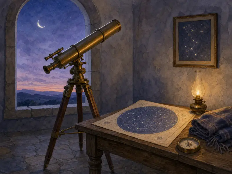 A brass telescope by an arched stone window overlooking a crescent moon, with a star chart and glowing lamp on a table.