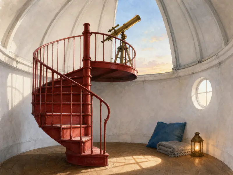 A red spiral staircase leads to a brass telescope under an open observatory dome beside a lantern and cushion.