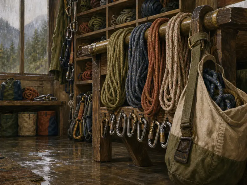 Colorful coiled climbing ropes and shiny carabiners hanging on a rustic wooden bench inside a mountain cabin.