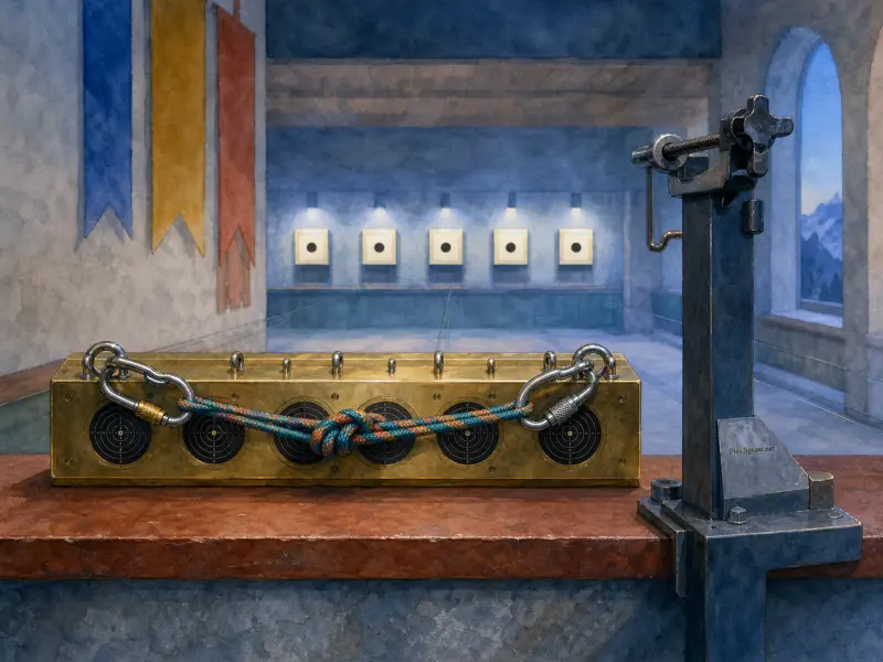 A brass target block secured with climbing rope and carabiners rests on a ledge overlooking an indoor target range.