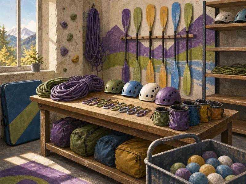 Climbing ropes, helmets, carabiners, and bags arranged on a wooden table in front of wall-mounted kayak paddles.