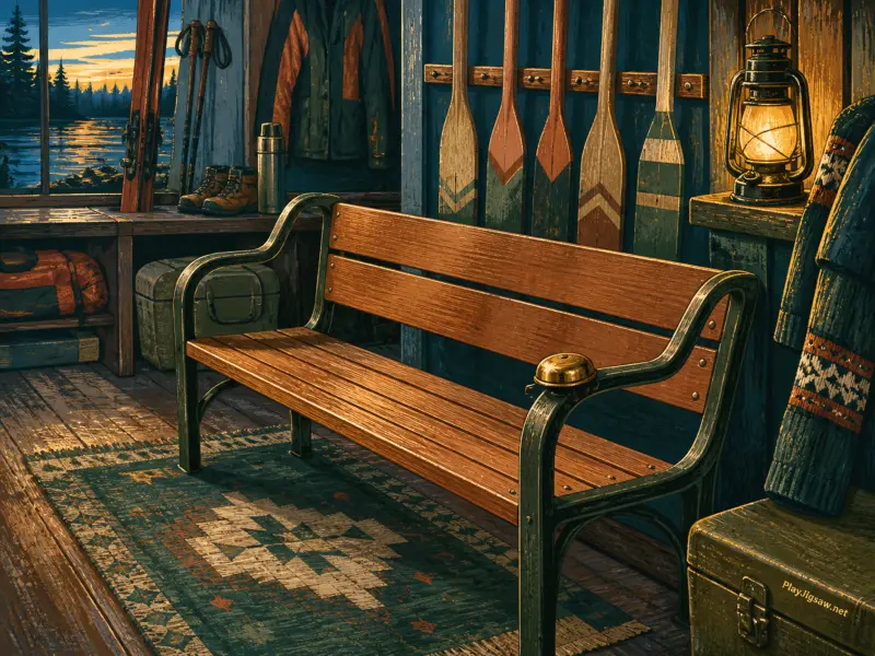 A wooden bench with a bell sits inside a cozy cabin with hanging boat paddles, a glowing lantern, and a lake view.