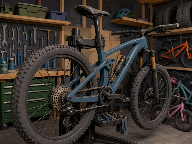 A blue mountain bike clamped on a repair stand inside a garage workshop surrounded by tools and spare bikes.