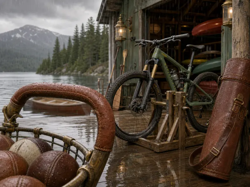 A mountain bike parked on a wet wooden dock by a rainy boathouse overlooking a misty lake and mountains.