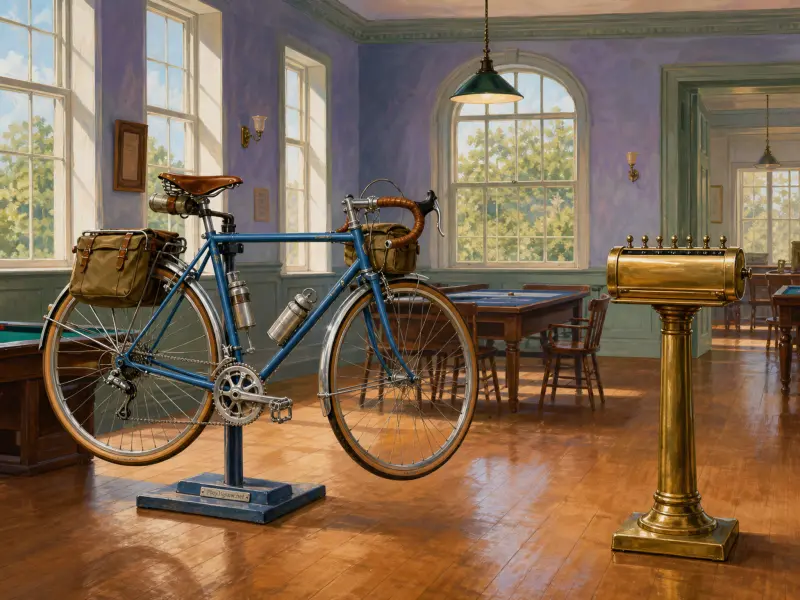 A vintage blue touring bicycle mounted on a stand inside a sunlit clubhouse with wooden floors and tall windows.