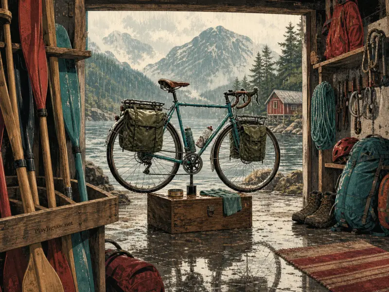 A loaded touring bicycle stands inside a rustic wooden boathouse looking out onto a rainy mountain lake.