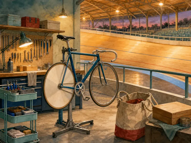 A blue track bicycle on a repair stand inside a workshop overlooking an empty wooden indoor velodrome track.