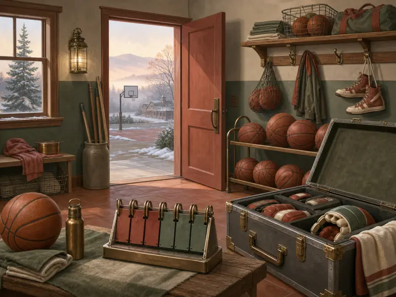 Vintage basketball equipment room with leather balls and an open trunk looking out toward a snowy outdoor court.